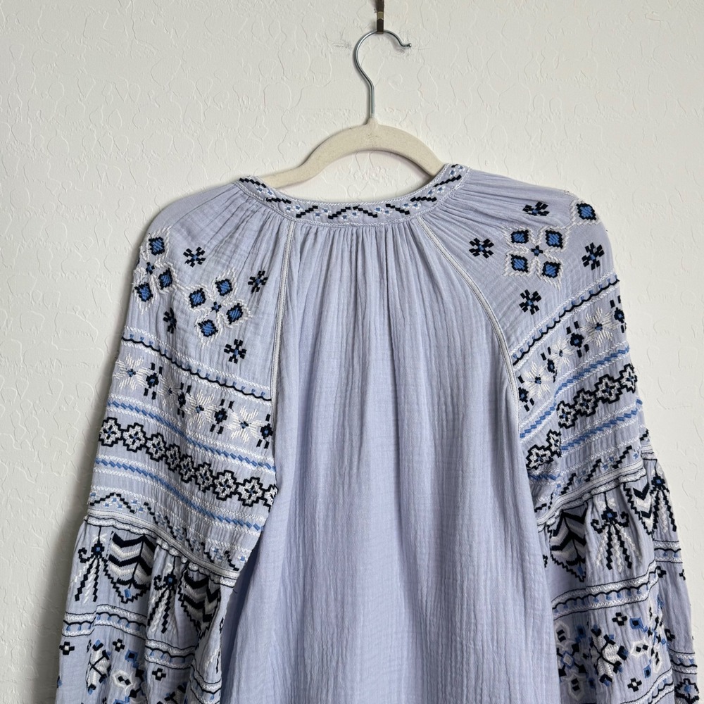 Sundance Blue Embroidered Cotton Gauze Peasant Blouse Balloon Sleeve PXS Boho - Picture 10 of 10